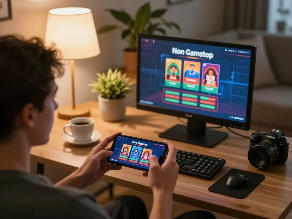 Player enjoying non Gamstop casino games on a smartphone in a cozy home setting.