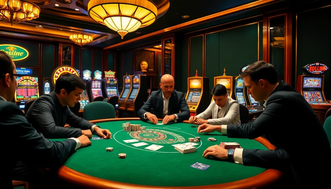 Engage in a thrilling poker game atmosphere inspired by https://vj88.com/ with chips and cards.