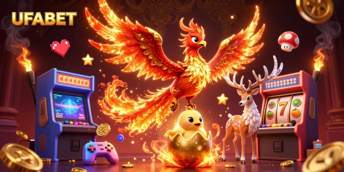 Betting on UFABET with a phoenix and stag in a vibrant casino scene, overflowing with excitement.