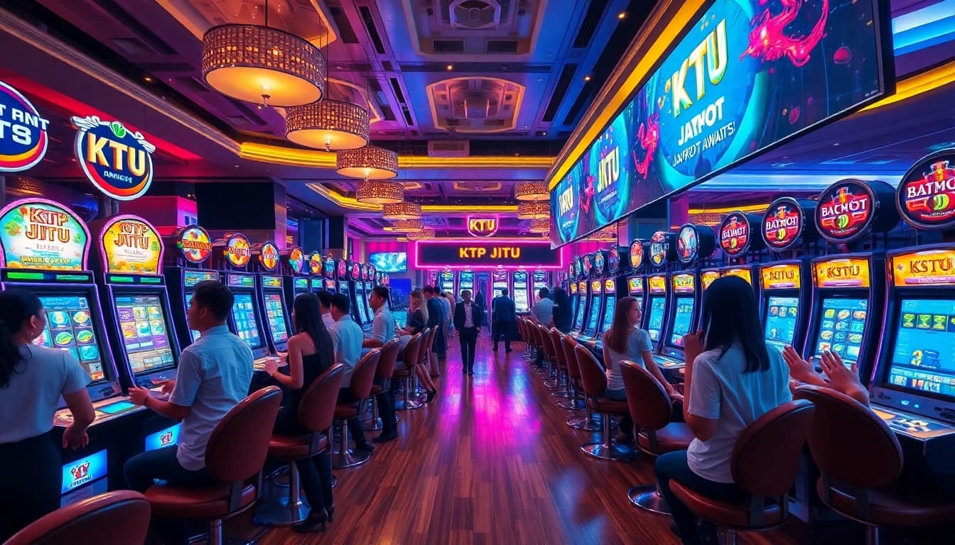 KTP JITU players celebrating big wins at a vibrant slot machine hall filled with excitement.