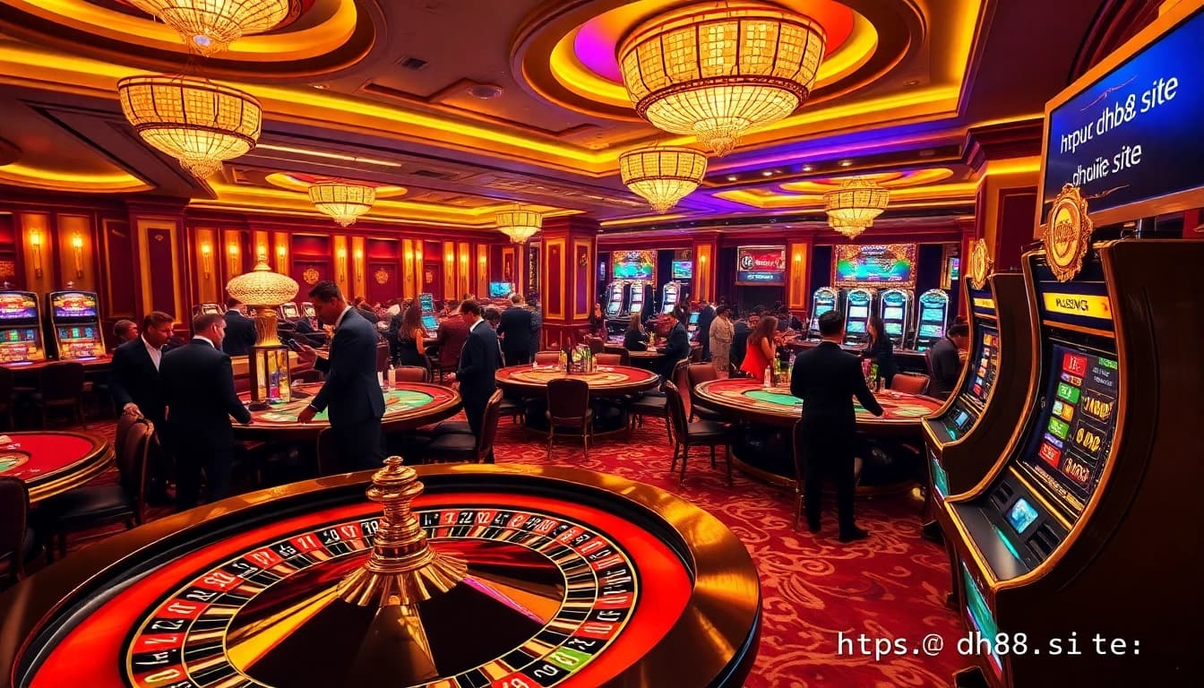 Engage with the excitement of gambling at https://dh88.site/ with a colorful casino scene showcasing roulette and poker.