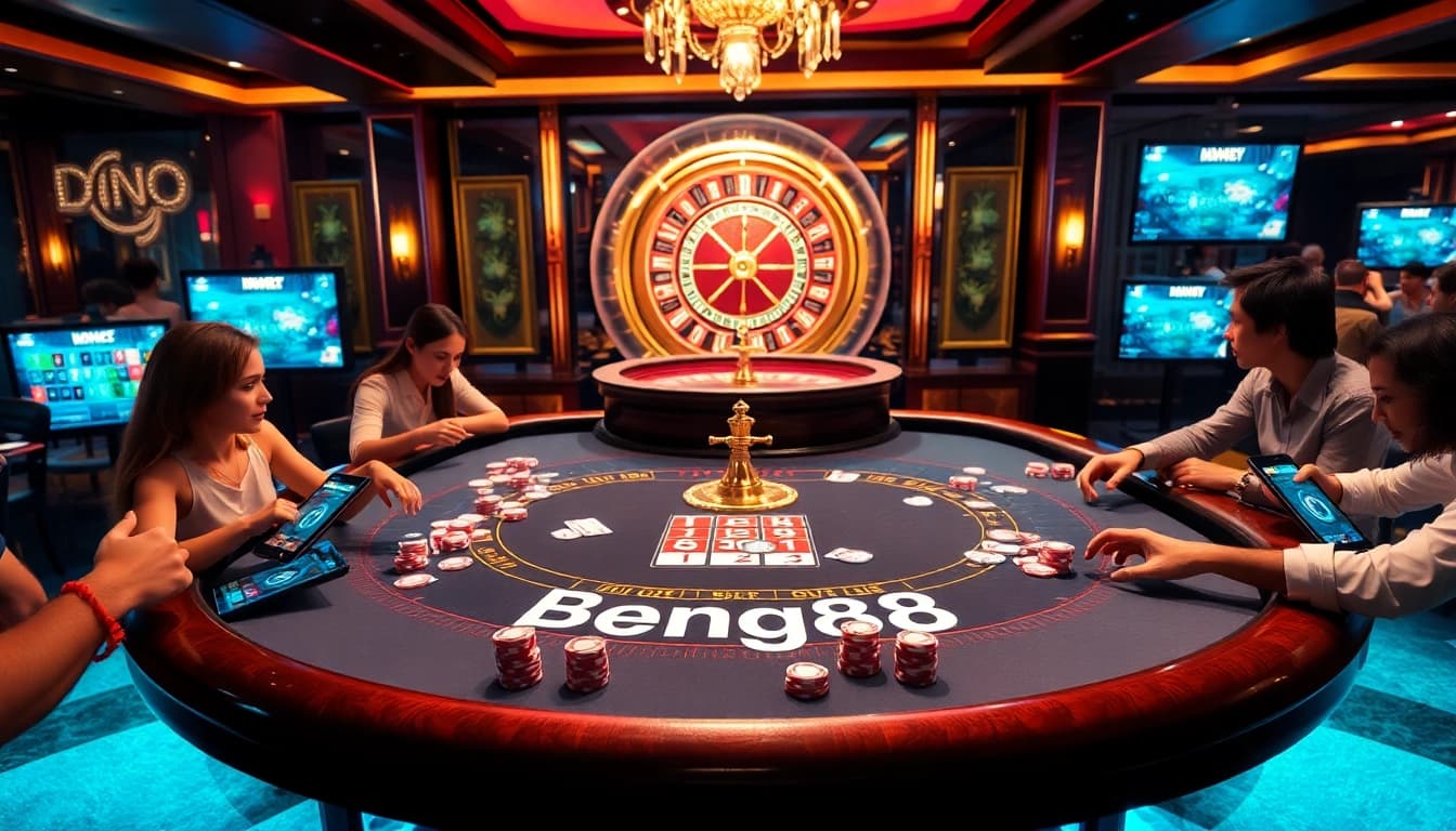 Bong88 players engaging at a vibrant casino table with poker chips and roulette, creating an exciting atmosphere.