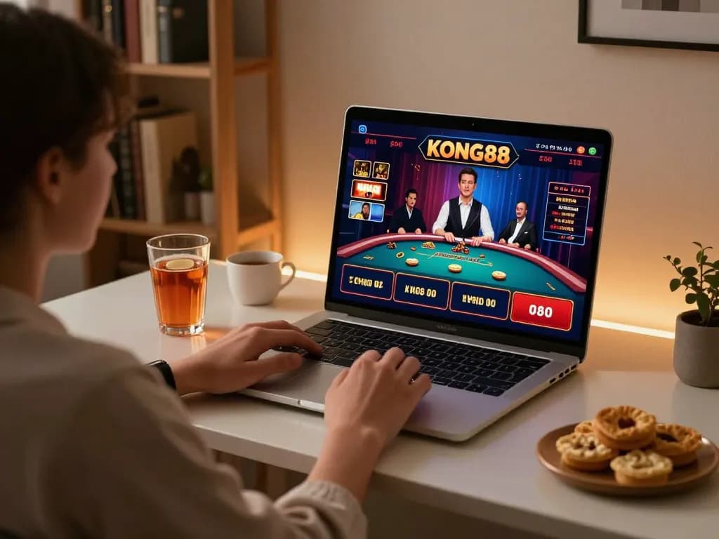 KONG88 live dealer experience on a stylish gaming laptop in a cozy home setting