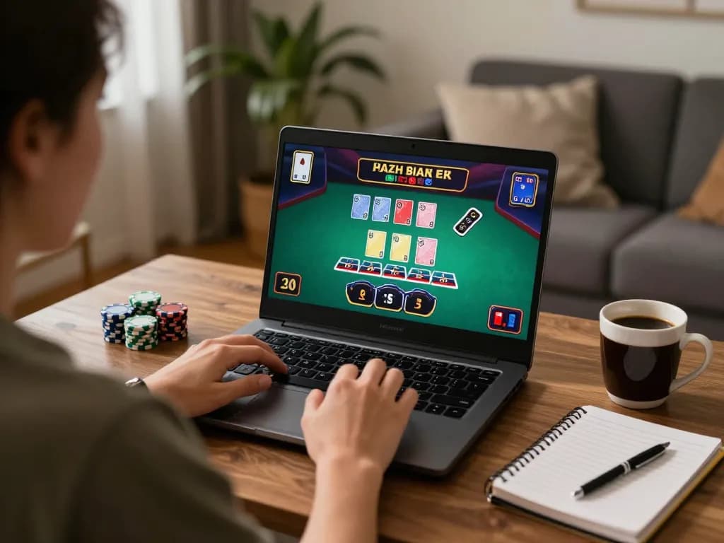 Play at nhà cái 5679 with a player enjoying live dealer blackjack in a cozy home setup