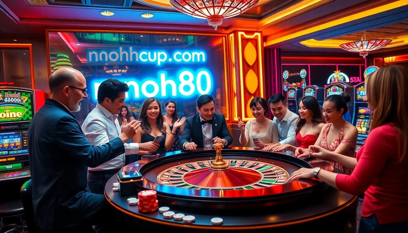 Engaging casino scene with players at nohu90.com roulette table and vibrant slot machines.