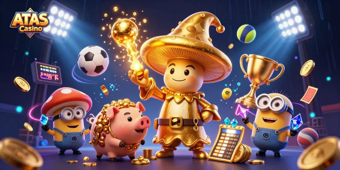 Play your favorite games at ATAS Casino with a vibrant, magical illustration featuring gold treasures and dynamic sports elements.