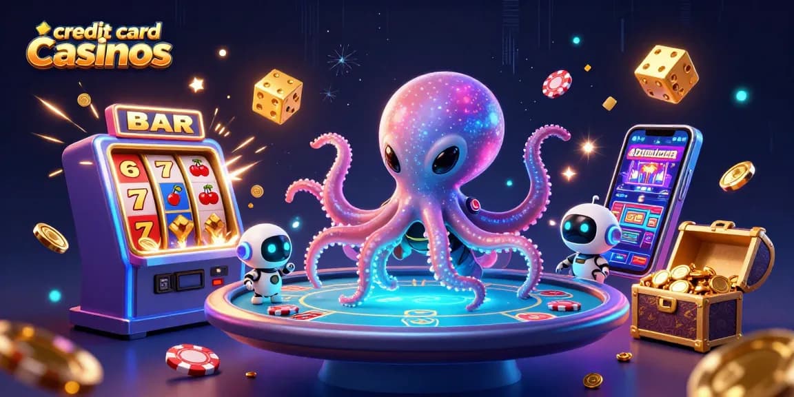 Engage with credit card casinos in a vibrant space-themed poker scene featuring an octopus and robot.