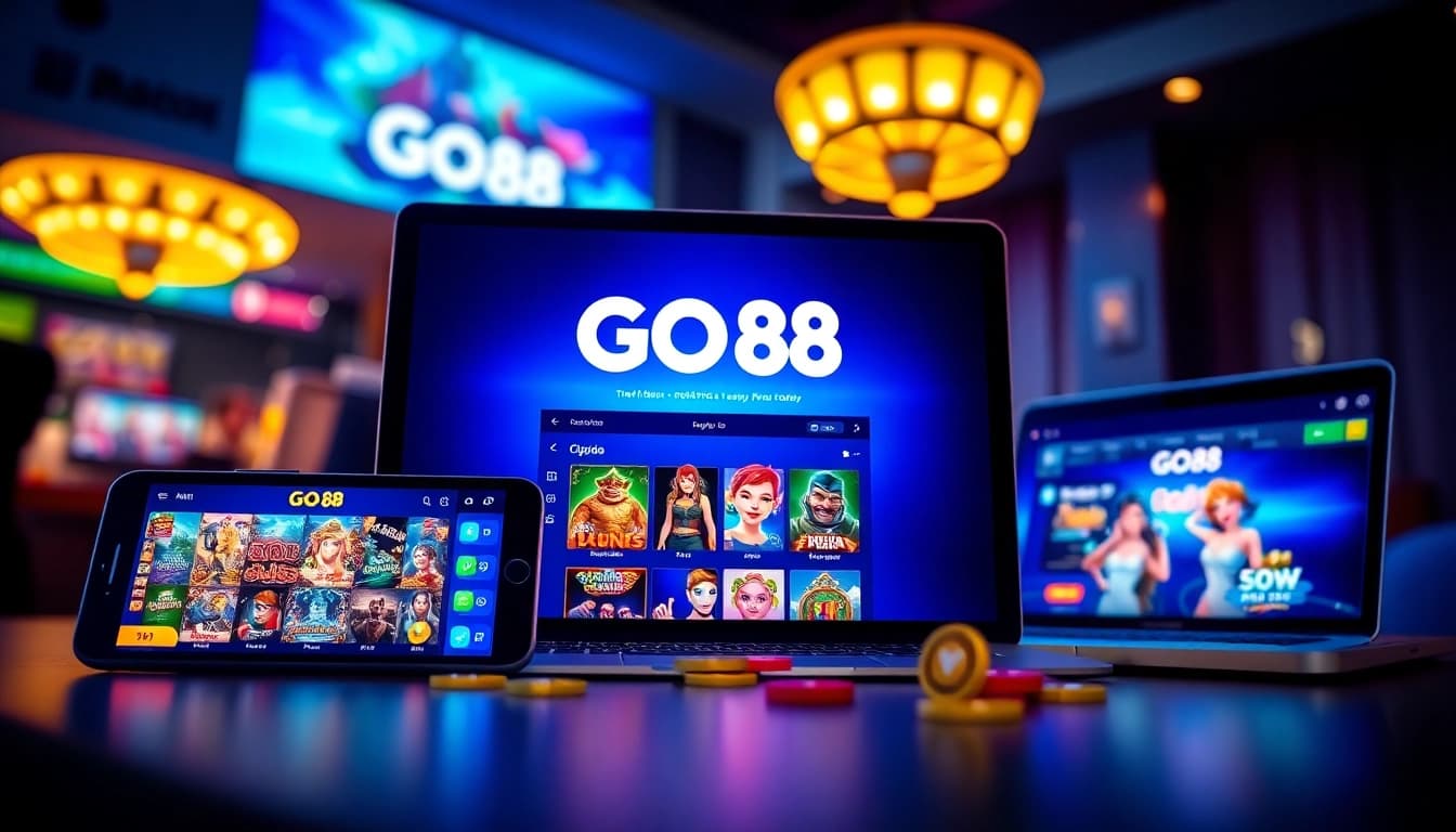 Experience the excitement of GO 88 gaming platform interface on various devices in a vibrant scene.