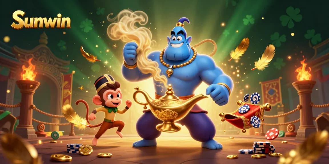 Experience the thrilling world of Sunwin with a magical 3D illustration featuring a genie and poker chips.