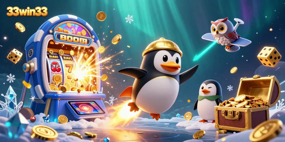 Win big with 33win33 as the golden penguin and slot machine explode with coins and rewards.