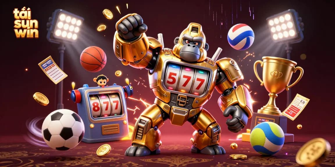 Engage with the dynamic scene featuring the golden gorilla mech exploding coins as you tải sun win for thrilling gaming action.