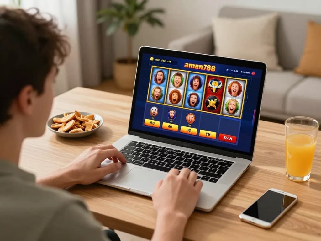 Pemain yang terlibat menikmati permainan slot online aman788 di rumah, menampilkan gulungan yang cerah dan antarmuka permainan.