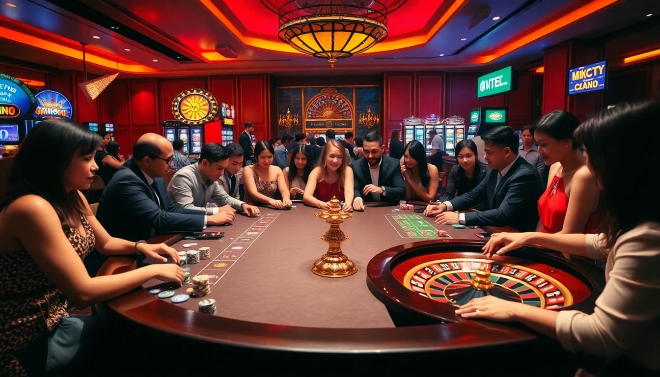 Players enjoying strategic games at https://king888.black/ casino with vibrant slot machines and elegant tables.