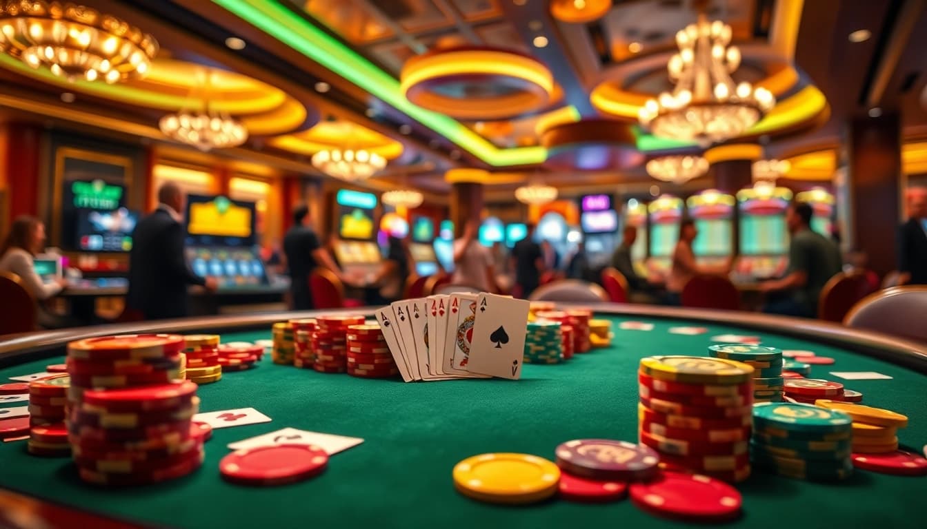 Binjaitoto menawarkan pengalaman bermain kasino yang menakjubkan dengan kartu dan chip berwarna-warni.