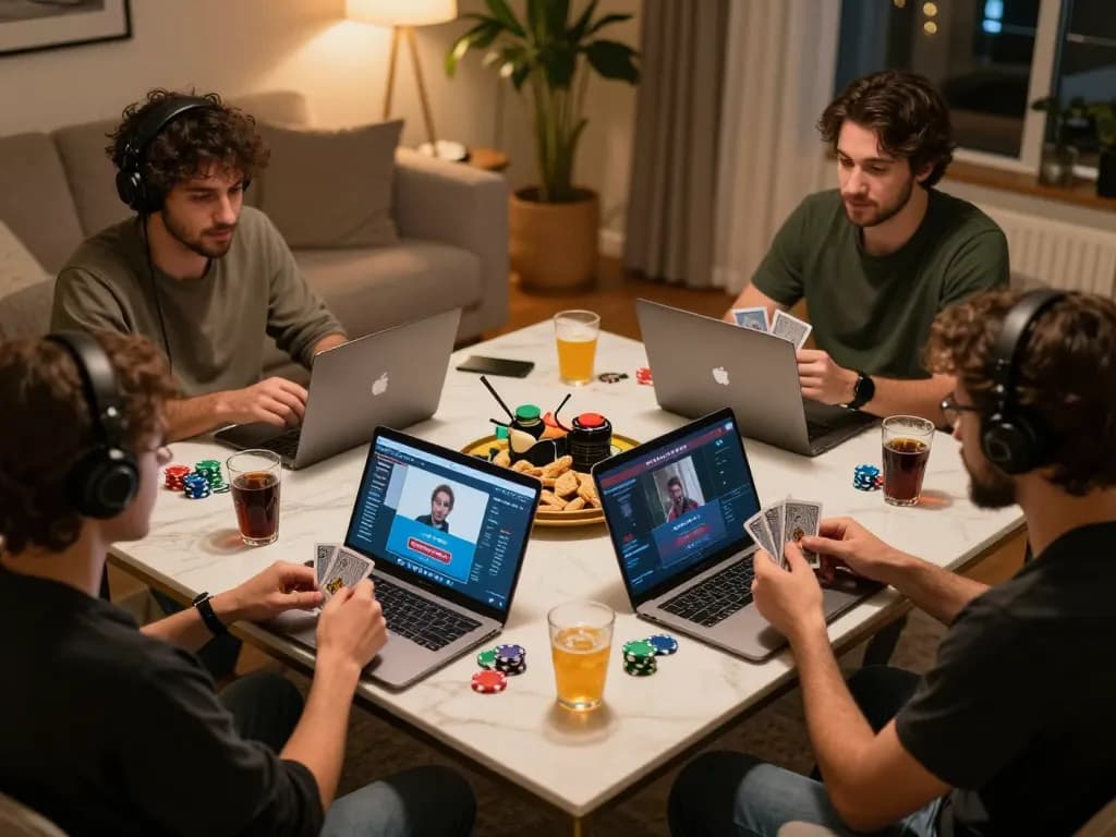 Kenzototo login saat permainan poker online yang meriah dengan teman, menampilkan strategi dan keterlibatan.