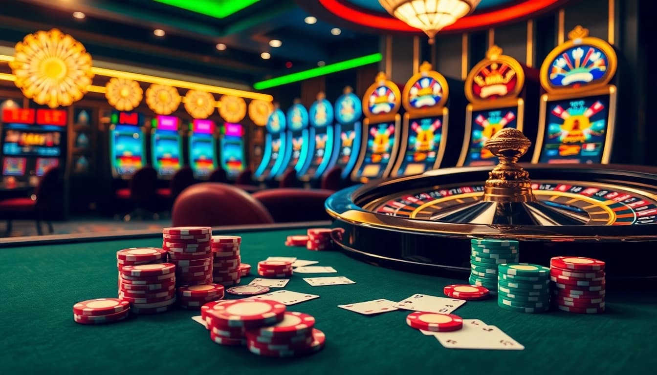 Engage with the excitement of casino gaming through link 98win, featuring vibrant tables, chips, and cards.
