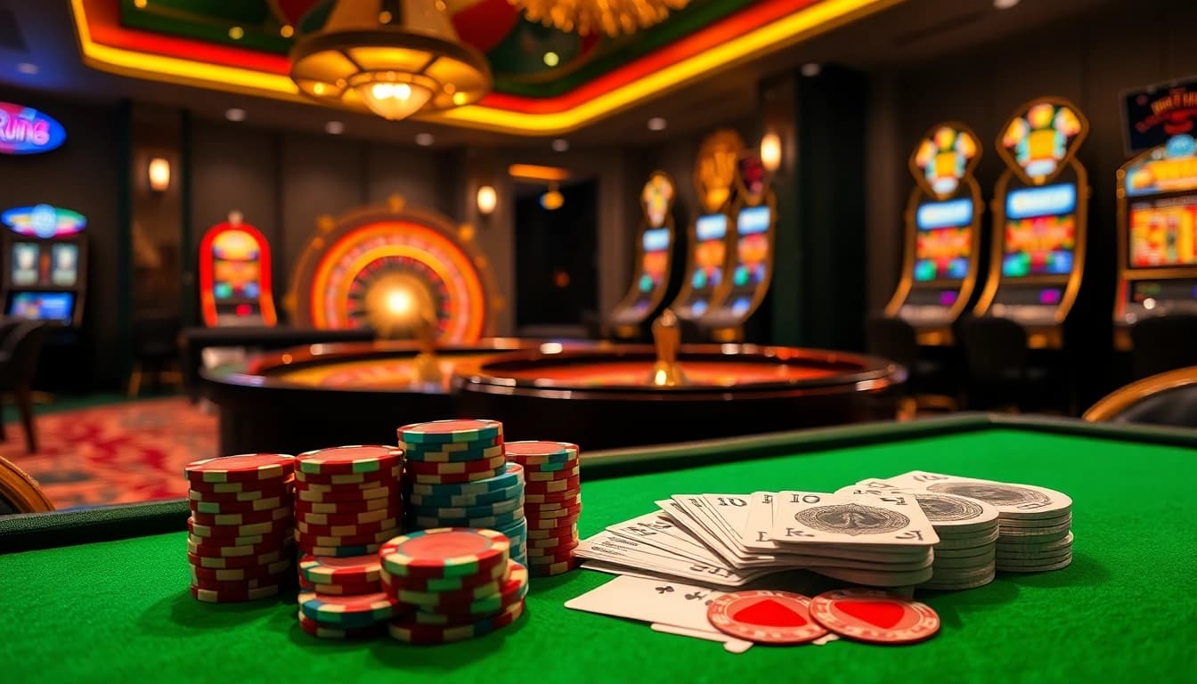 Experience high-stakes gaming at Trang Chủ RR88 with poker chips and cards in a luxurious casino.