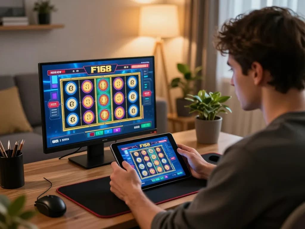 Player immersed in online gambling with F168 on tablet in a cozy setting, showcasing mobile gaming experience.