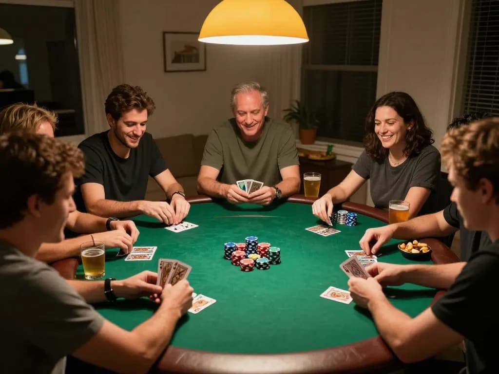 Engaged players at a home game night utilizing ทางเข้า m113 for seamless betting strategies and enhancements.