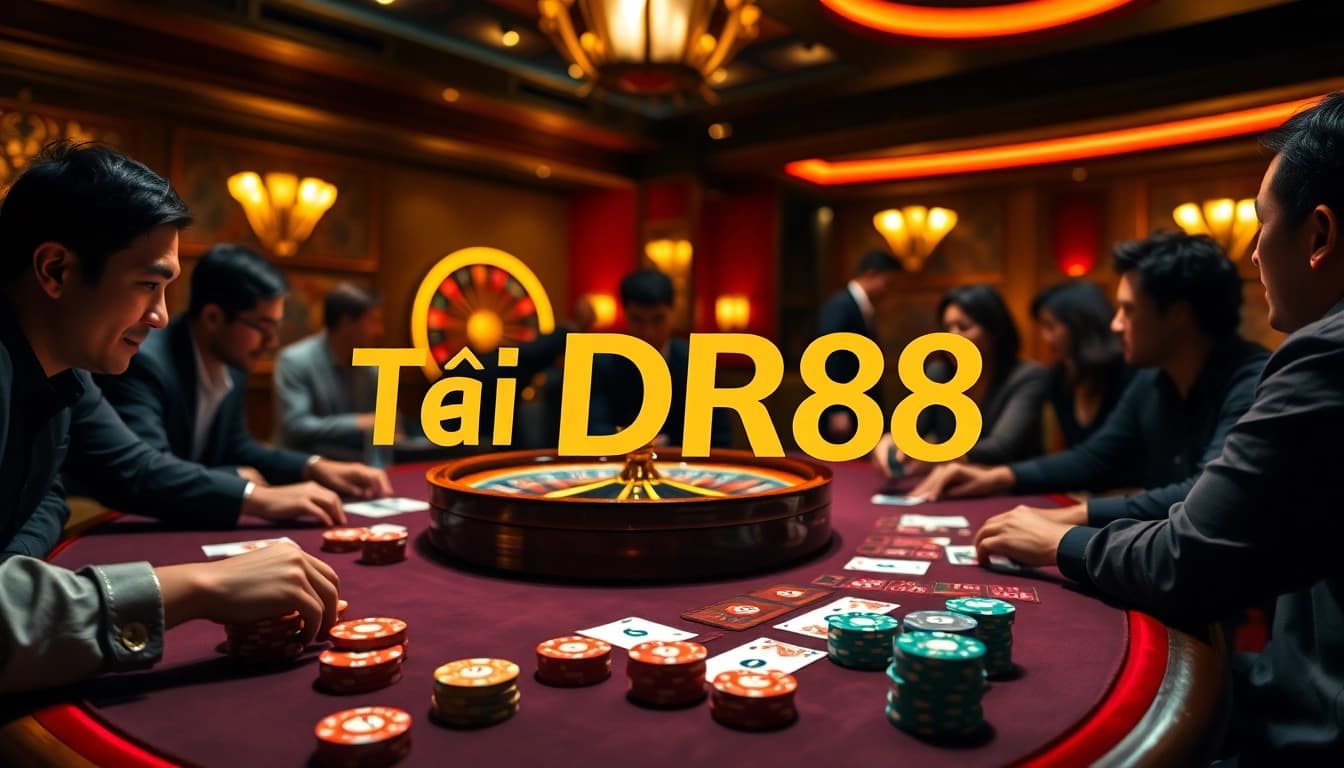Action-packed gaming scene featuring Tải DR88 with poker chips, cards, and a roulette wheel.