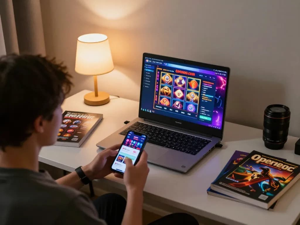 Player engaged in online gaming at open88.com using laptop and smartphone, cozy home atmosphere.