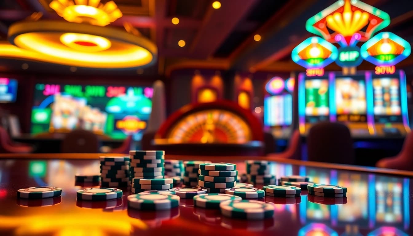 Engage with Đăng Nhập Nhà Cái 68VIP at a luxurious casino featuring vibrant slot machines and poker chips.