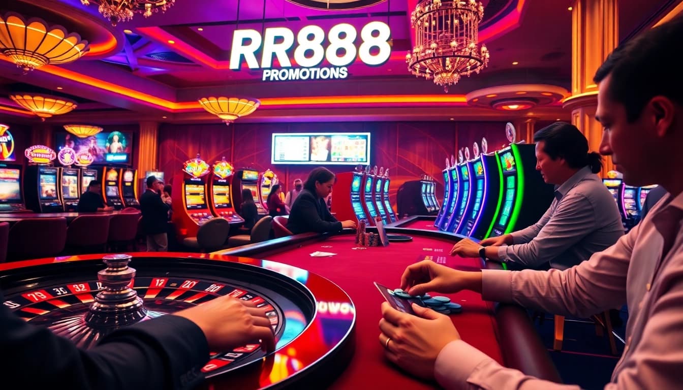 Players betting at a casino while enjoying RR888 promotions with vibrant slot machines.