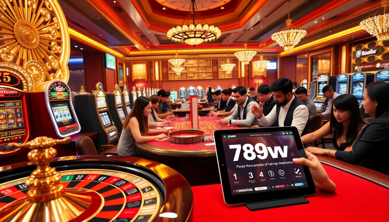 Exciting scene of gamblers enjoying casino games at 789win, featuring roulette wheels and poker tables.