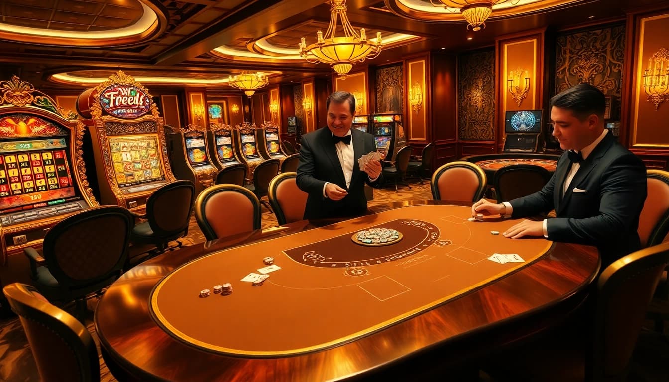 Experience a high-stakes poker game at FB68 casino, showcasing luxurious tables and glamorous players.
