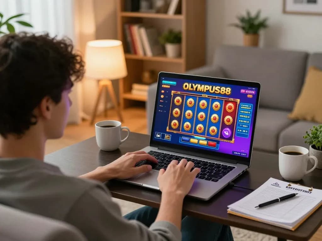 Experience OLYMPUS88 online slot games with a cozy home gaming setup and strategic notes.