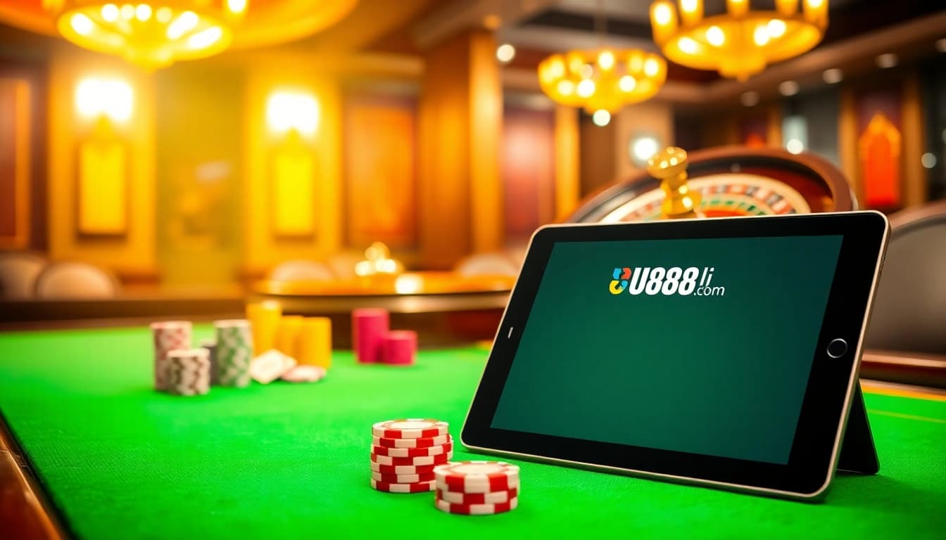 Experience the thrill of U888li com with vibrant casino games, poker chips, and roulette wheels.