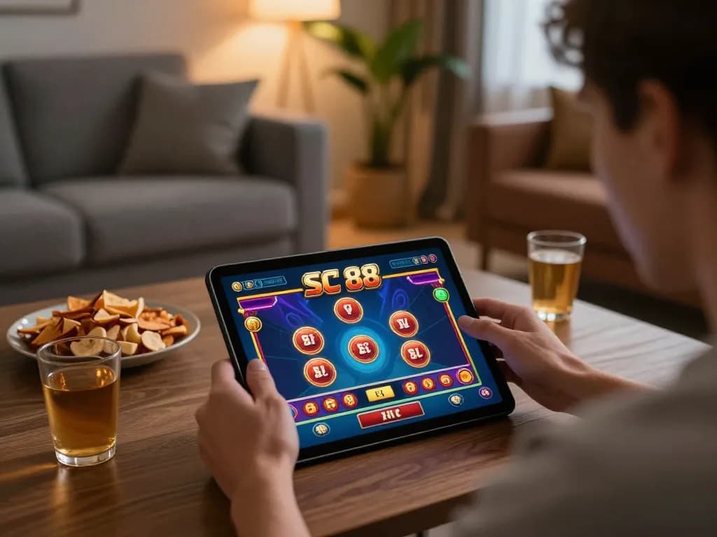 Participant enjoying SC 88 online casino gaming on tablet at home in a cozy setting.