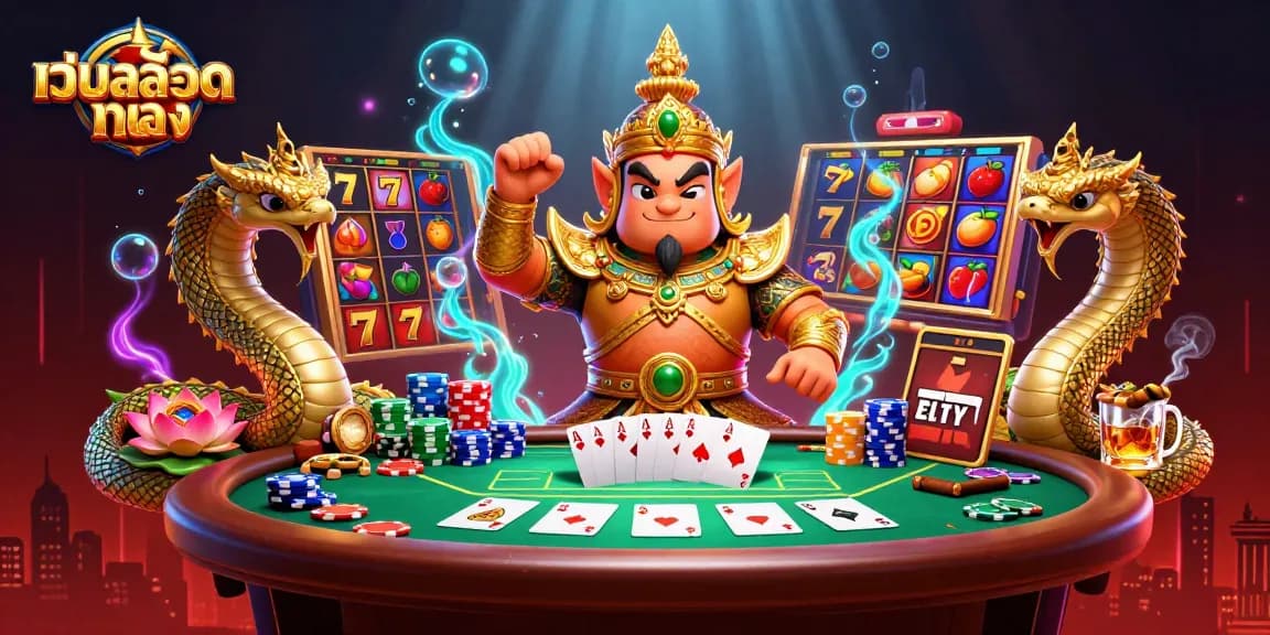 Engage in เว็บสล็อตตรง gameplay with vibrant slot reels, poker elements, and mythical Thai guardians.