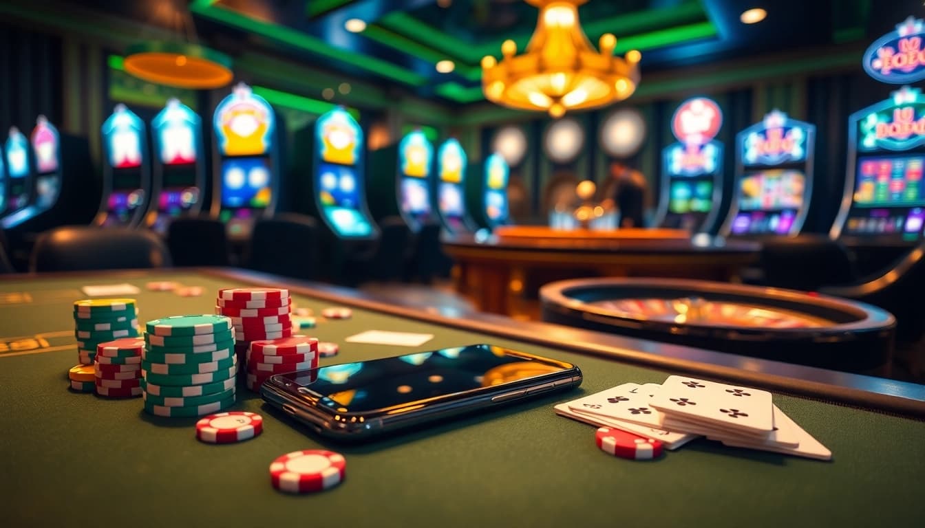 S8 smartphone beside vibrant casino elements like poker chips and dice in an exciting atmosphere