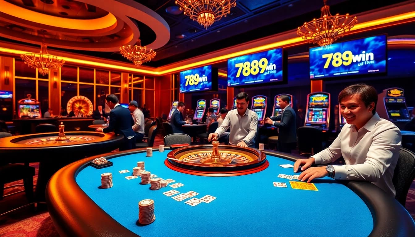 Exciting casino scene showing players at the 789win poker table, engaging in thrilling bets and wins.