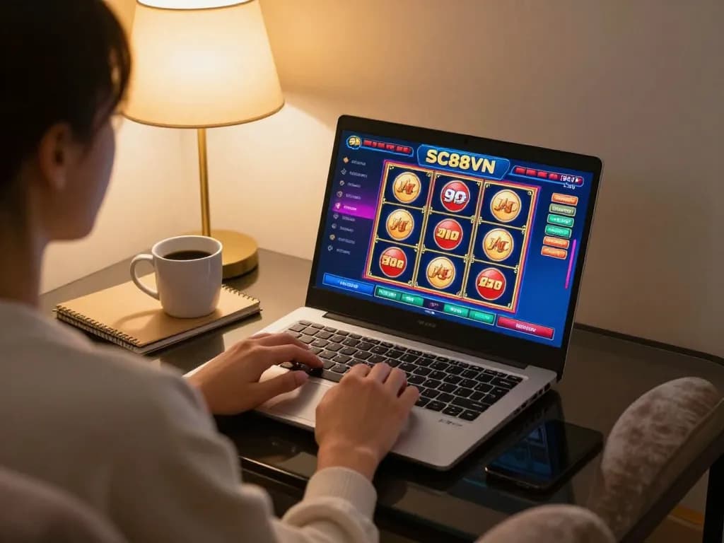 Engaging in SC88VN online casino gaming with a vibrant slots interface in a cozy home setup.