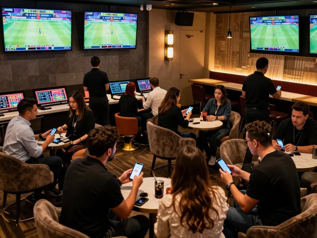 NET88 sports betting patrons excitedly placing bets in a luxurious lounge.