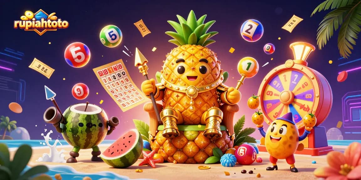 Mengklaim kemenangan di rupiahtoto dengan jackpot besar, karakter krim tropis dan elemen permainan.