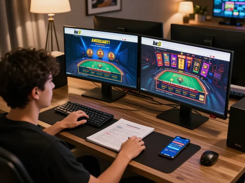 Player engaged in online bk8 gaming with multiple screens and a welcoming setting