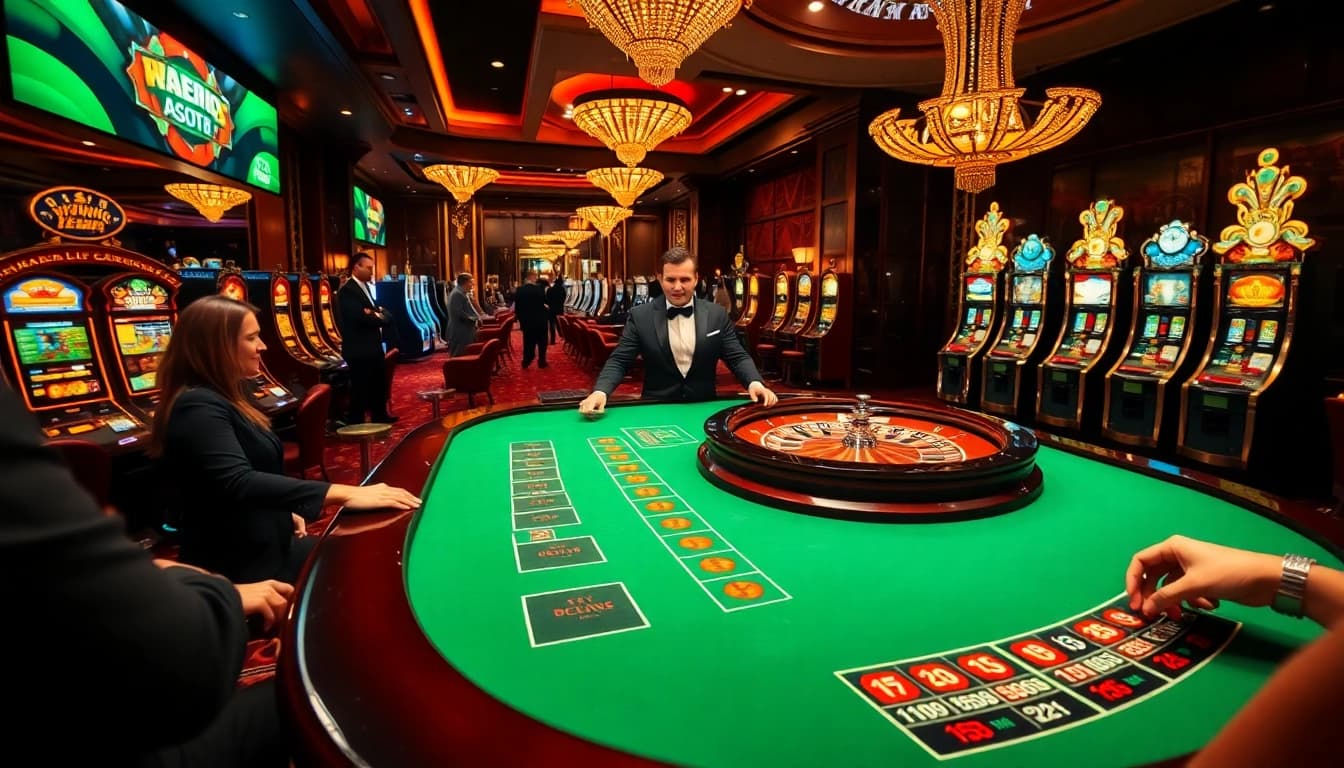 Experience the thrill of betting at https://tg88k.online/ with a vibrant casino scene featuring roulette and slot machines.