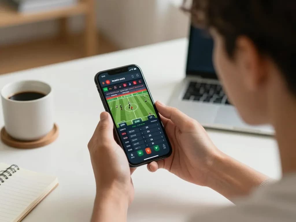F8BET user enjoying mobile sports betting on smartphone in a cozy home office setting.