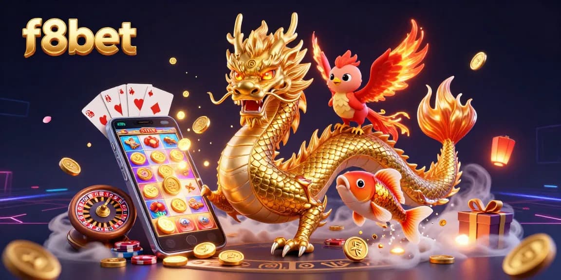 Engage in thrilling gameplay at f8bet with a vibrant scene featuring a dragon, phoenix, and koi fish amidst casino symbols.
