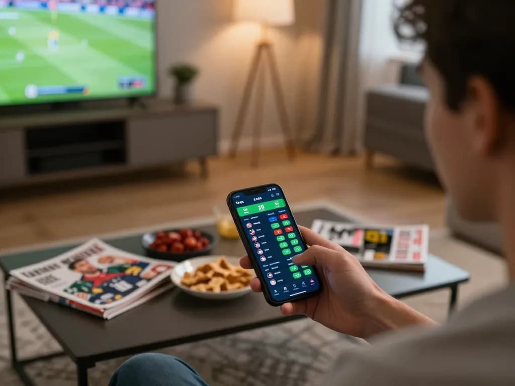 Engaging scene of online sports betting as player checks Kèo nhà cái odds on smartphone