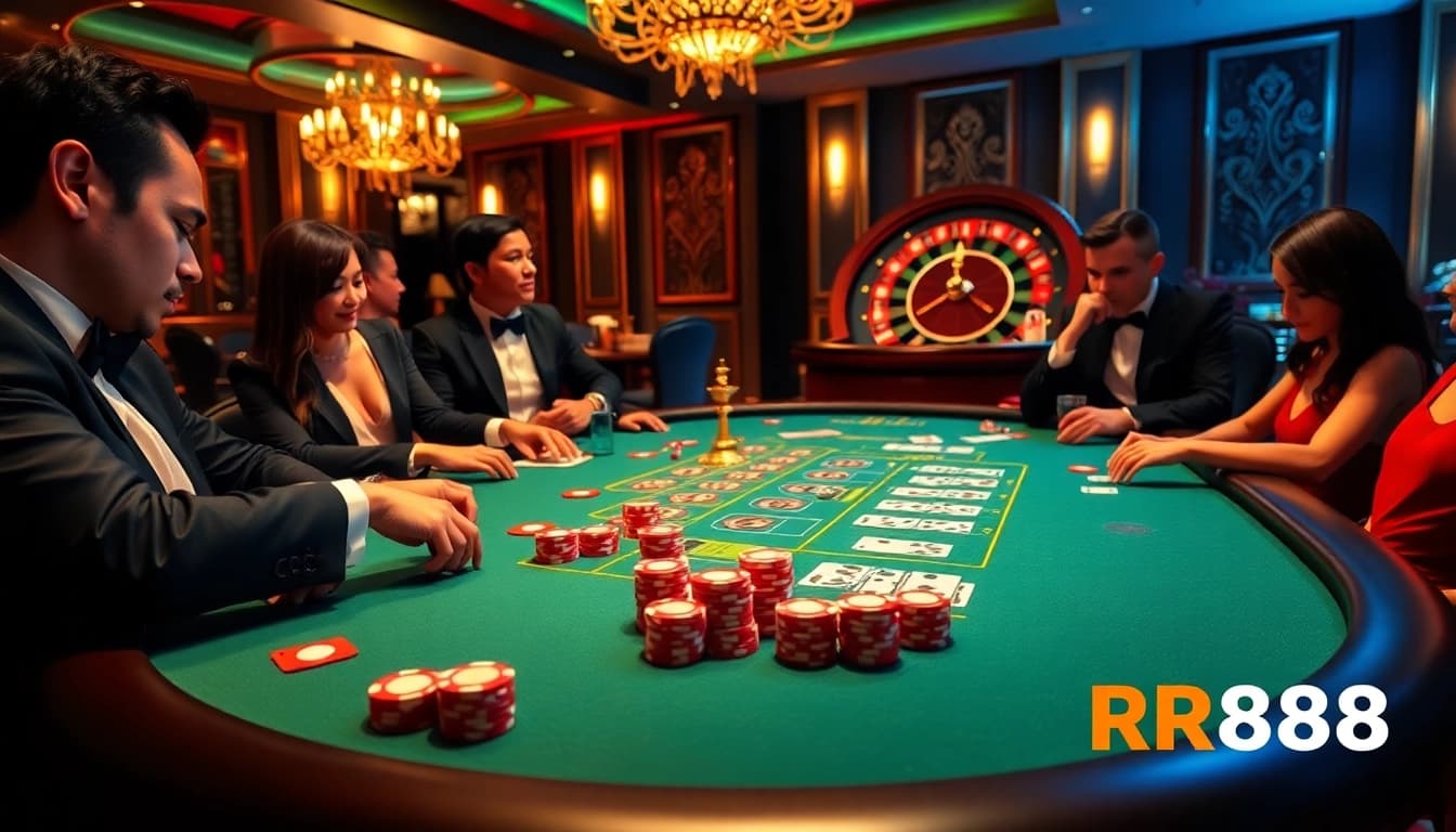 Experience the thrill of RR888 at a luxurious poker table with vibrant chips and cards.
