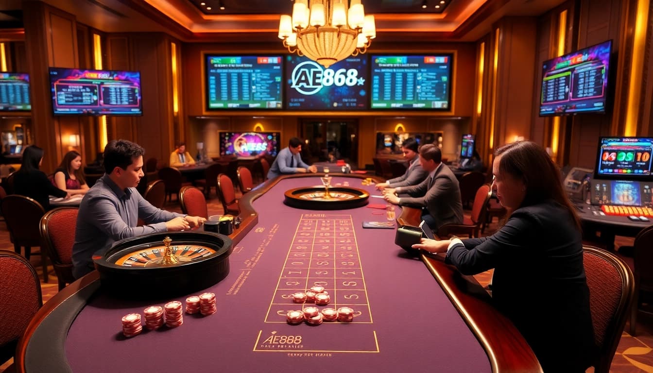 A thrilling AE888 gaming experience with vibrant chips and a live dealer at an elegant casino table.