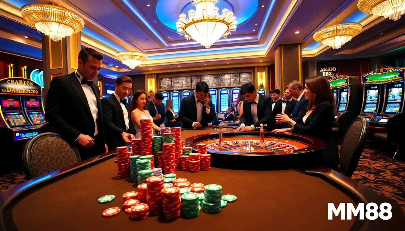 Engaged players at MM88's exciting poker table amidst luxury casino ambiance.