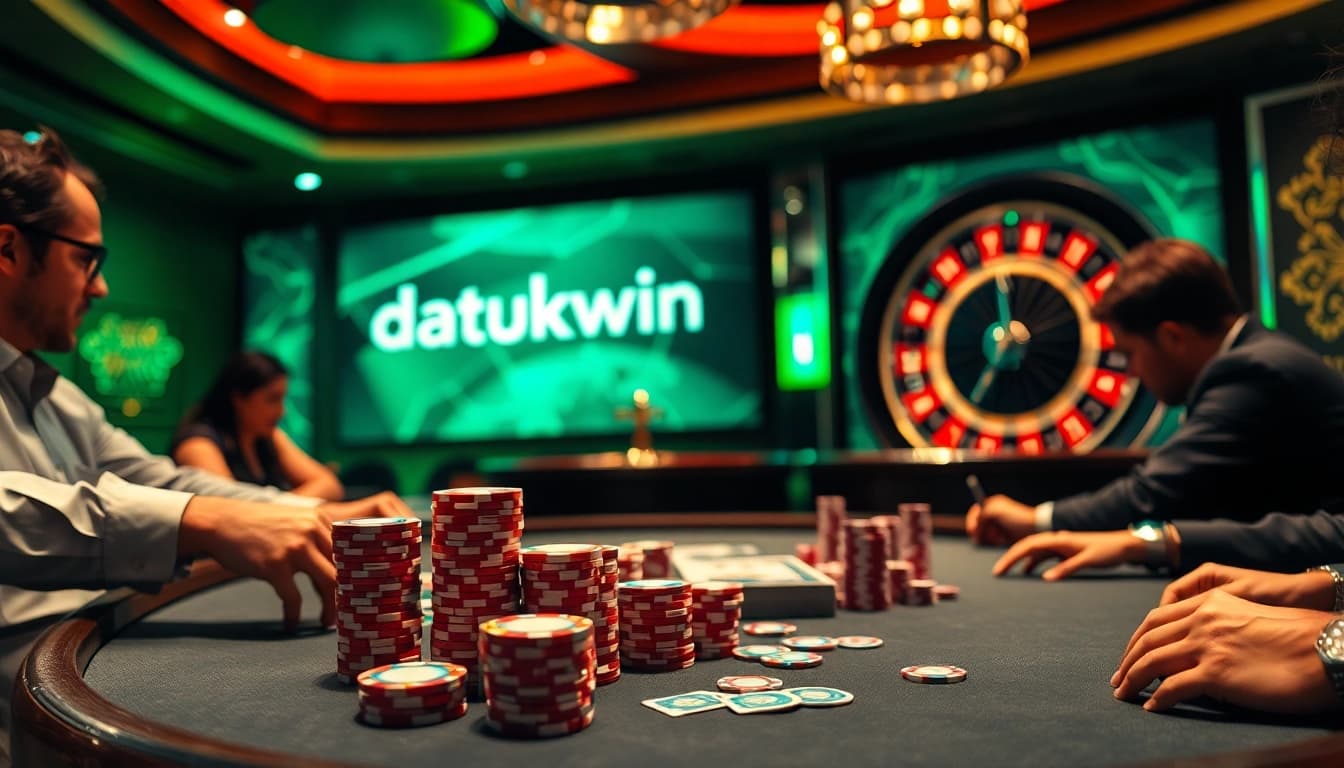 Para pemain terlibat dalam permainan poker yang mendebarkan di meja taruhan tinggi, dengan elemen datukwin yang terintegrasi secara halus.