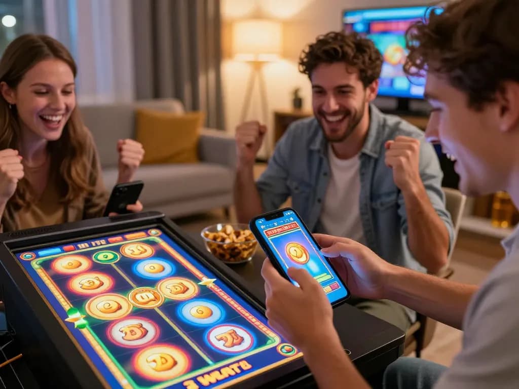 Excited players celebrating wins on situs slot mobile screens in cozy home setting.