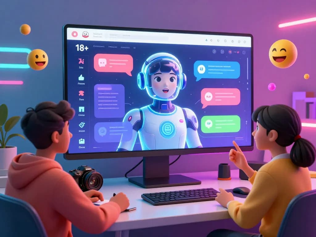 Engaging 18+ ai chatbot interface with diverse characters interacting in a vibrant digital landscape