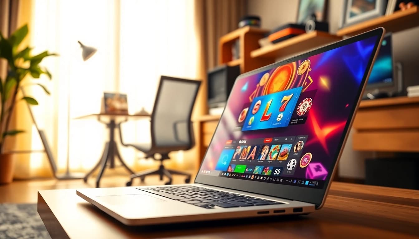 Spielen Sie casino online spiele in einem einladenden Home-Office mit modernen Gaming-Grafiken.